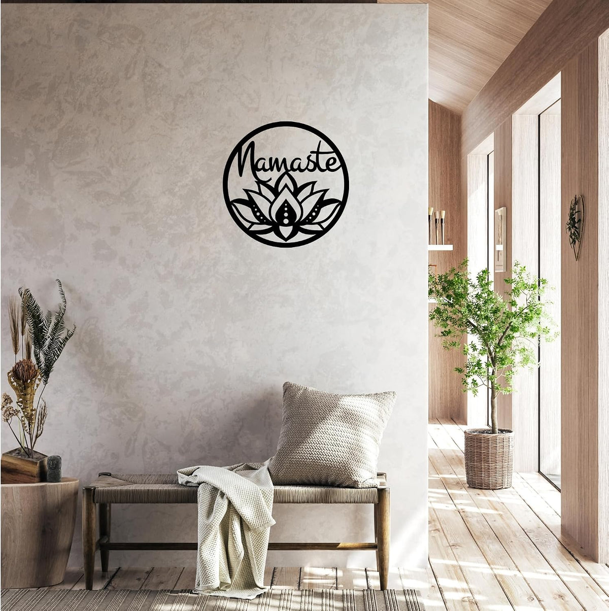 Namaste Lotus Flower Wall Hanging – Handmade Yoga Inspired Metal Décor, Boho Spiritual Artwork for Meditation Room, Mindfulness Studio, or Peaceful Home Accent
