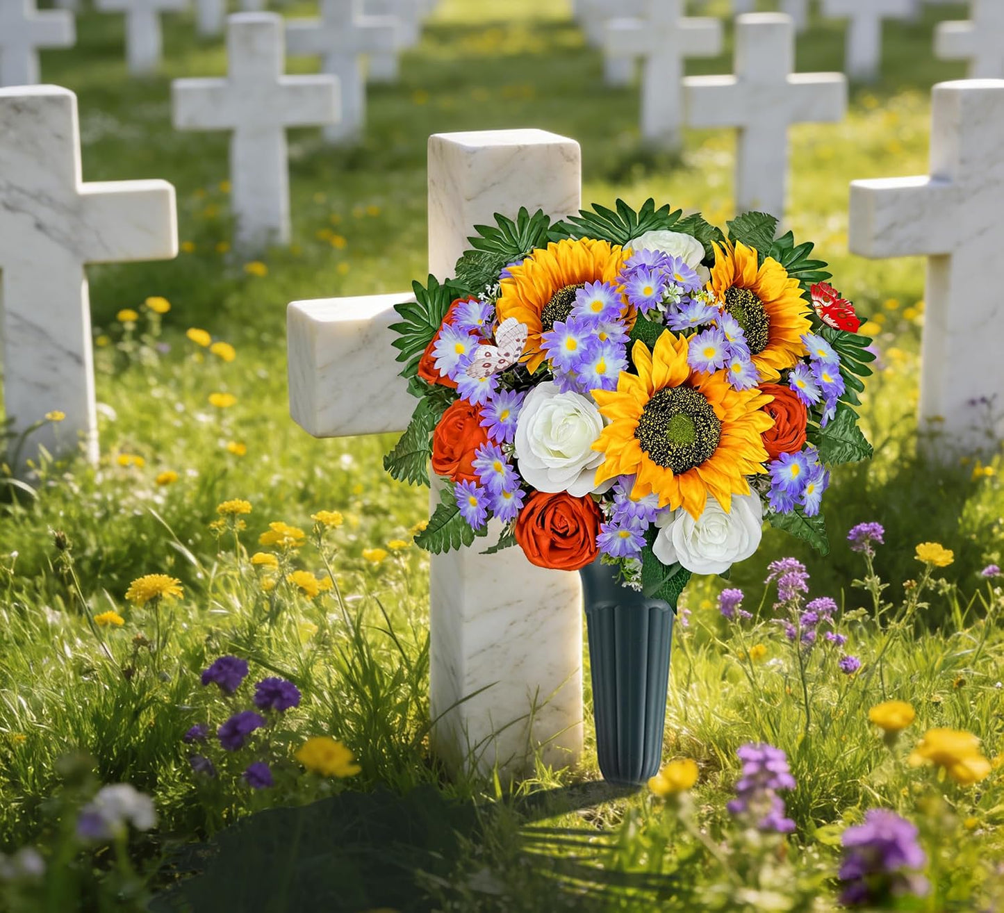 Artificial Cemetery Flowers for Grave,Memorial Flowers Bouquet with Vase for Headstones Decoration,Bright and Vibrant Sunflower Rose Daisy