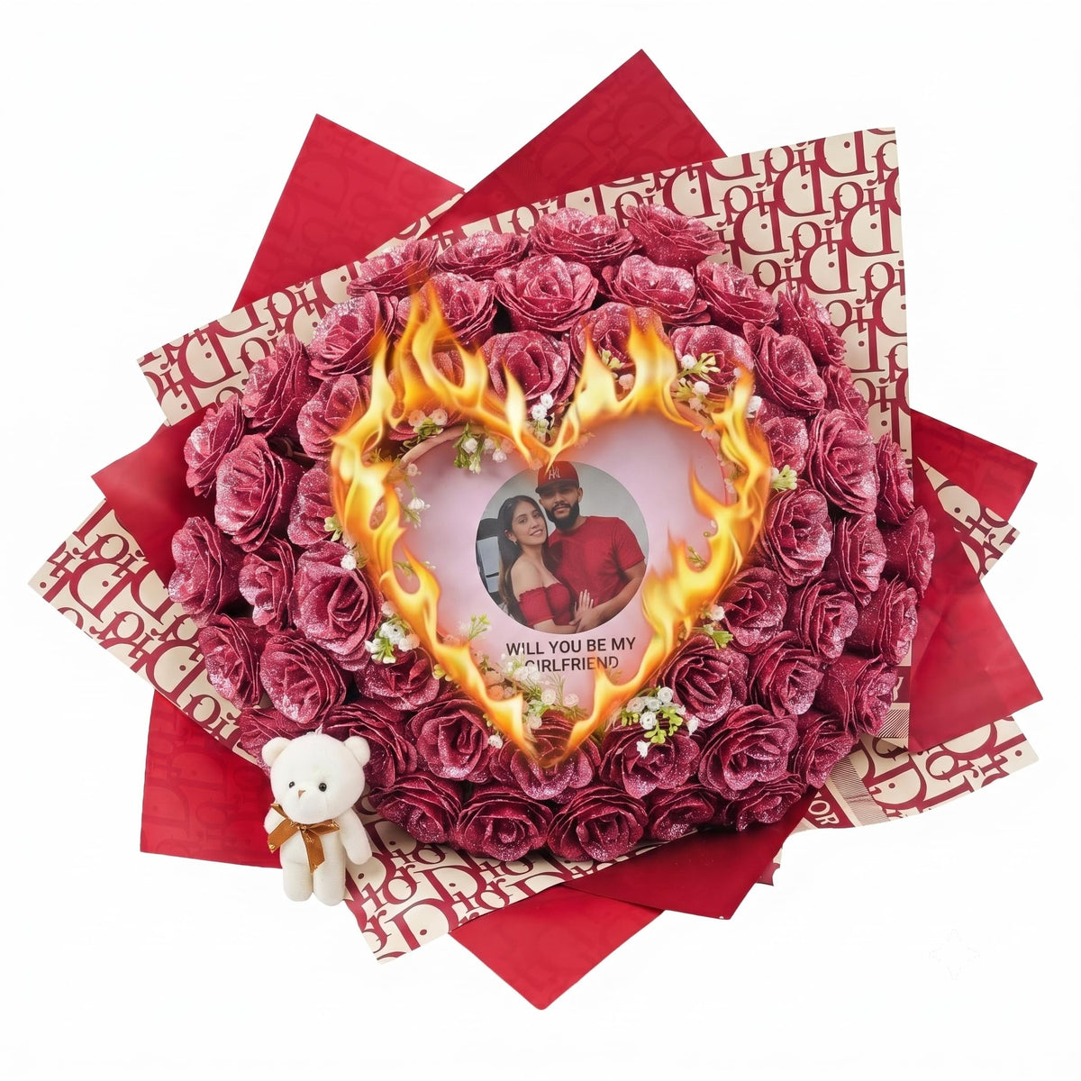 Burn Away Rose Bouquet – Self Assembly Glitter Flowers with Hidden Message/Photo, DIY Romantic Gift for Him Her, Everlasting PE Roses for Anniversary Birthday Engagement Wedding (Satin Red)