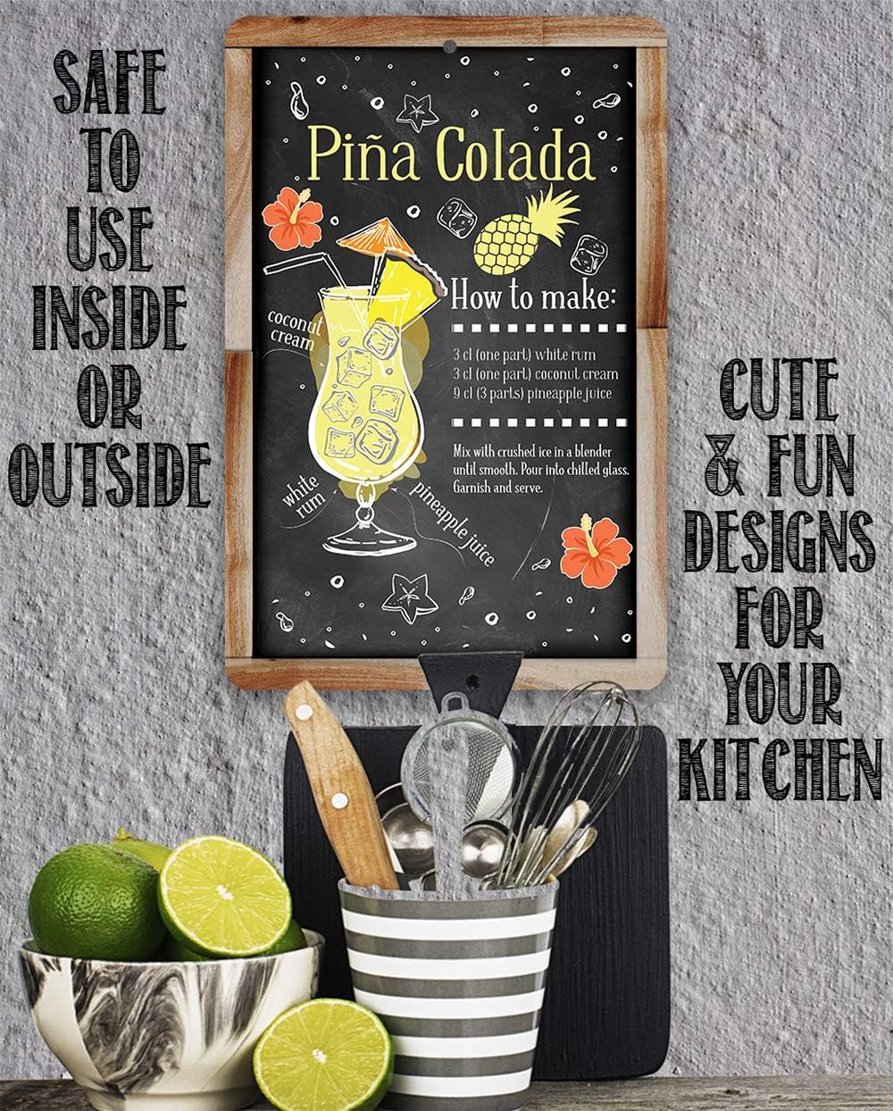 Pina Colada Bar Recipe - Great Home Bar Sign, Kitchen and Bar Restaurant Display, Pineapple Cocktail Drink Decoration, 12x18 Indoors or Outdoors Durable Chalkboard Wood Framed Style Metal Sign