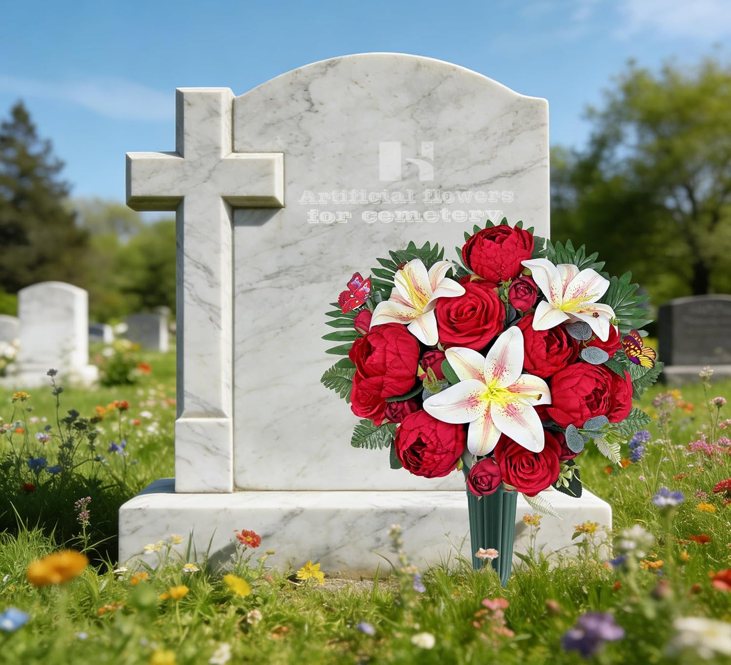 Artificial Cemetery Flowers for Grave Vase， Headstone Silk Flower Arrangement, Graveside Decoration- Vibrant Red Camellia Rose Lily Mix Bouquet, Tombstone Memorial Flowers