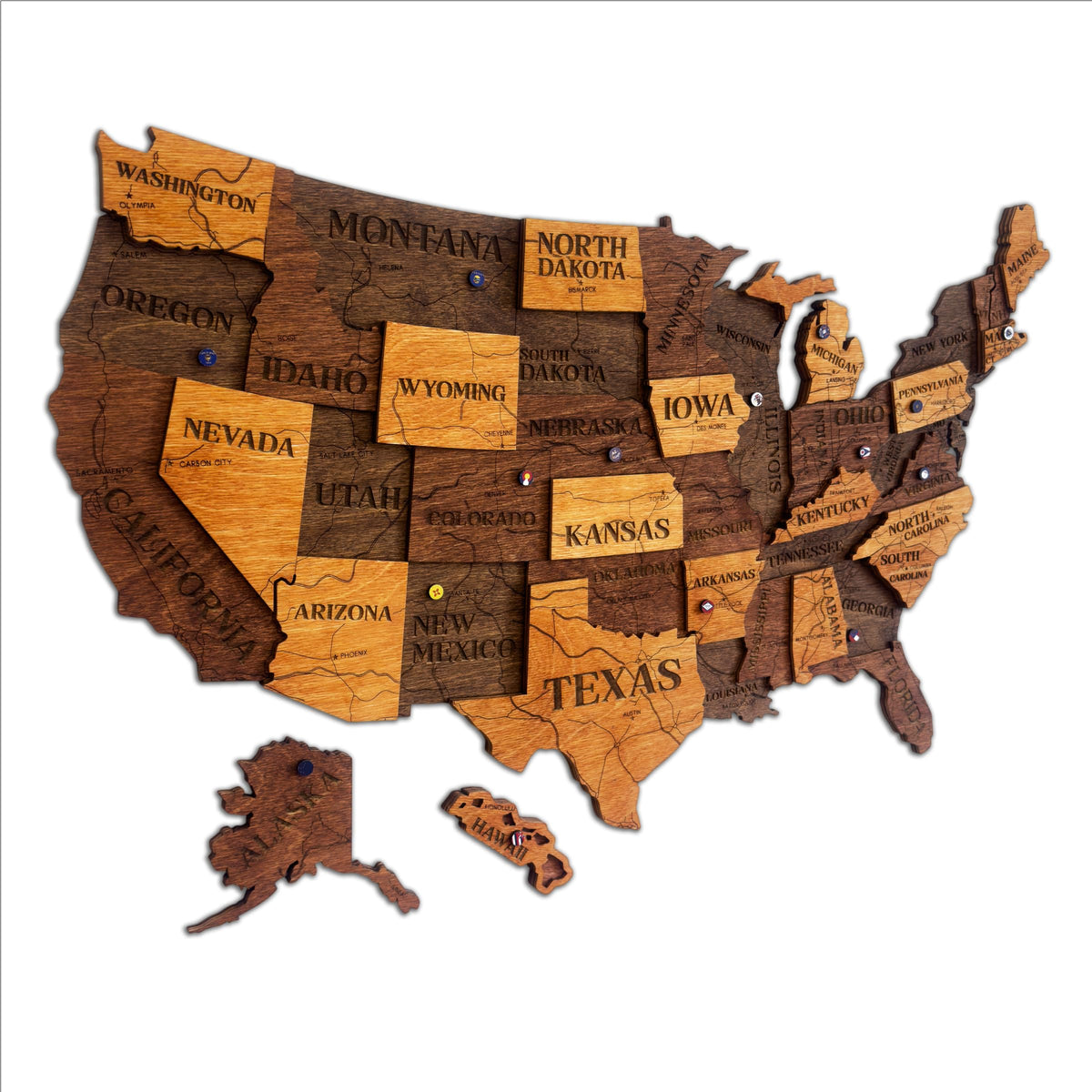 Wooden USA Map Visited Places - Wood United States Map with Push Pins - 3D US States Travel Tracker Wall Art Decor - Wooden America Atlas - New Home Gift (Nature)