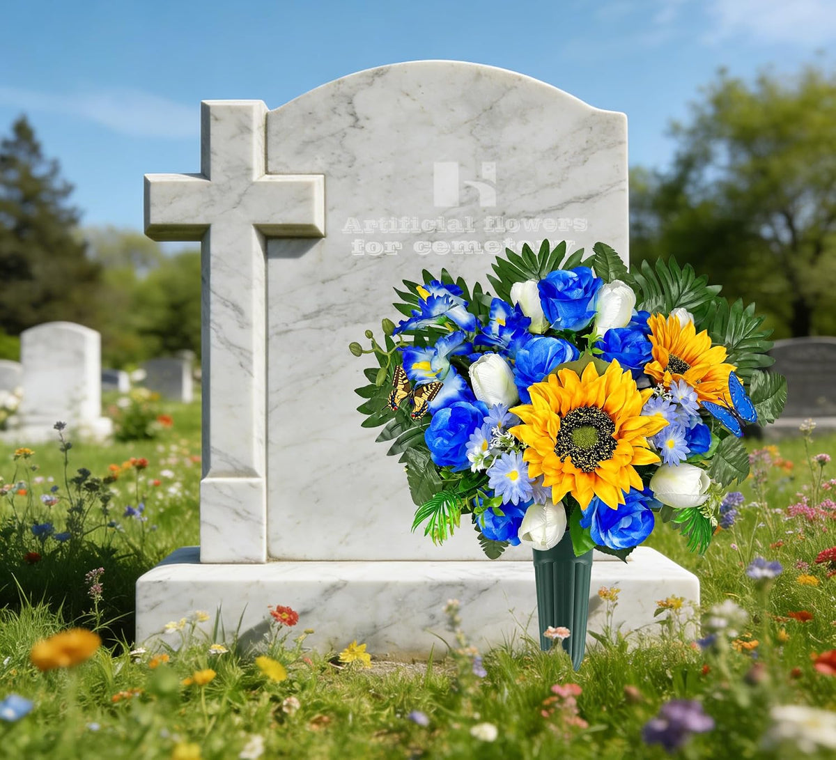 Artificial Cemetery Flowers – Vibrant Sunflower Tulip, Outdoor Grave Decorations - 1 Blue Gravesite Bouquet with Vase