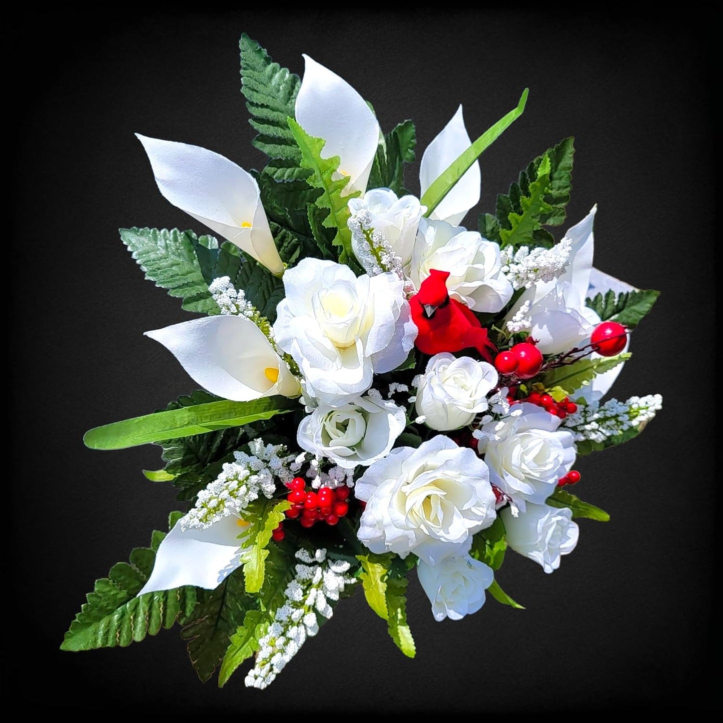 Realistic Artificial Cemetery Flowers - Silk Faux Floral Cream Rose and Calla Lily with Red Bird and Berries - Bouquet for Grave - Headstone Decoration - Memorial Flowers