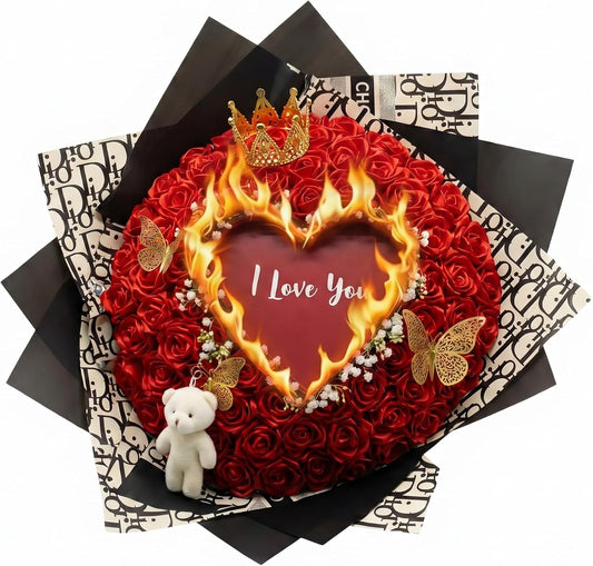 Burn Away Rose Bouquet – Self Assembly Glitter Flowers with Hidden Message/Photo, DIY Romantic Gift for Him Her, Everlasting PE Roses for Anniversary Birthday Engagement Wedding (Satin Red)