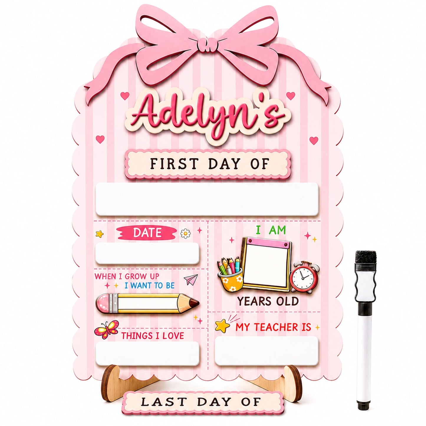 Custom First and Last Day of School Board with Wooden Name, Reusable Dry Erase School Milestone Sign for Preschool, Kindergarten & Pre-K, Back to School Photo Prop with Marker (D18)
