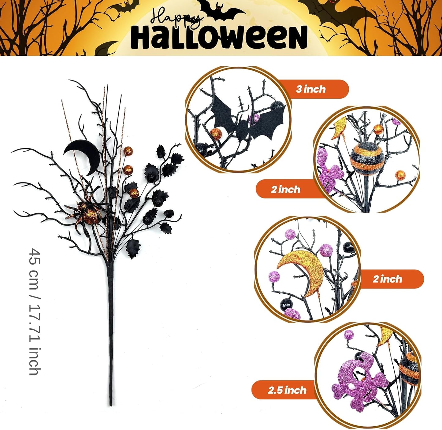 4PCS Halloween Tree Picks Decorative, Black Branches with Glittery Spider,4-Piece Set, Black Branches and Purple Spooky Branch Sprays, Indoor Halloween Decor for Table Centerpieces, Vase Bouquet