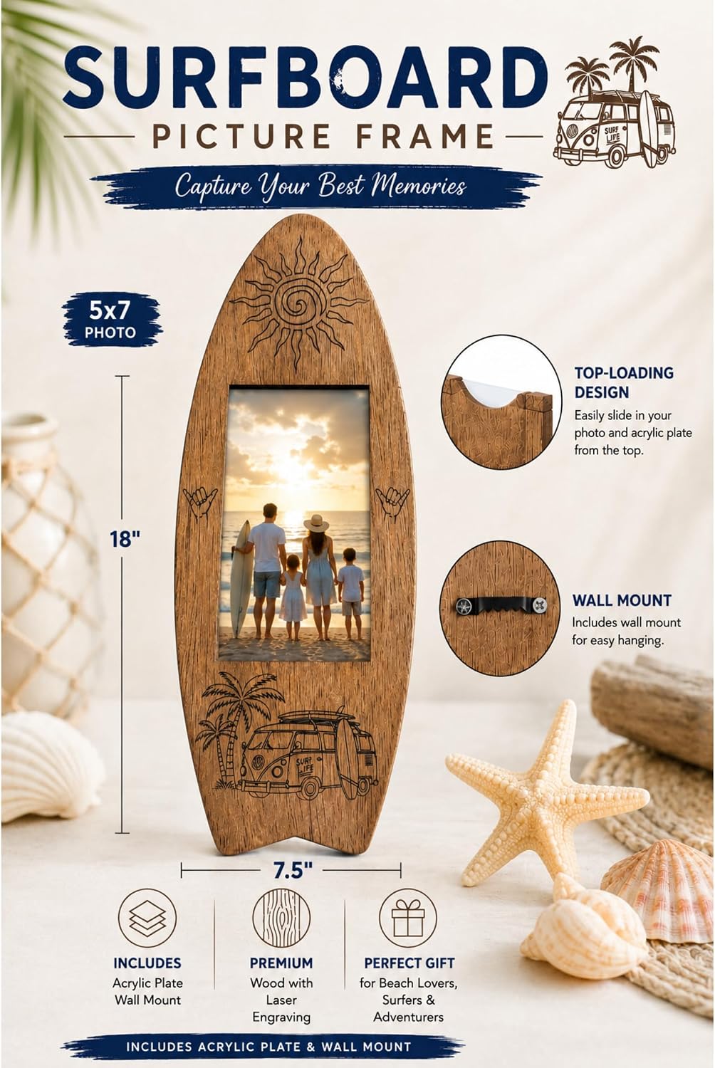 Rustic 5x7 Surfboard Wood Picture Frame, Beach House Decor (7.5"x18")
