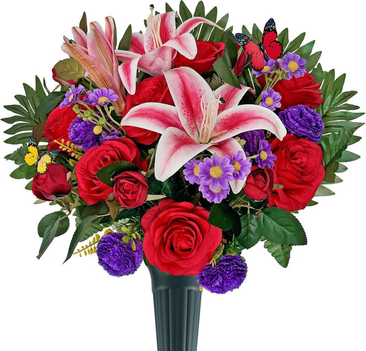 Artificial Cemetery Flower Bouquet, Grave Flower for Headstone Outdoor Decoration， Non-Fade and Easy Setup