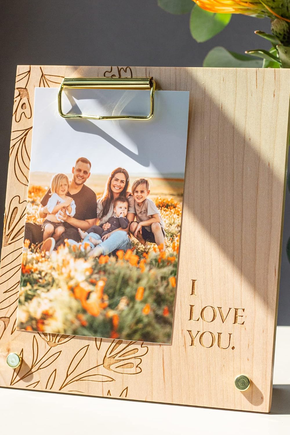 I Love You Floral Wood Frame [Custom Engraved Photo Holder, Display, Picture Clip, Clipboard, Wedding, Anniversary]