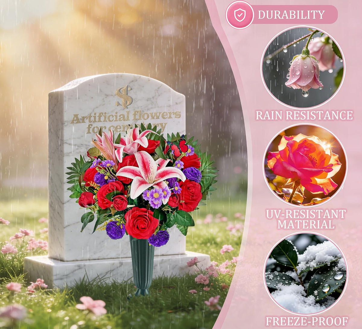 Artificial Cemetery Flower Bouquet, Grave Flower for Headstone Outdoor Decoration， Non-Fade and Easy Setup