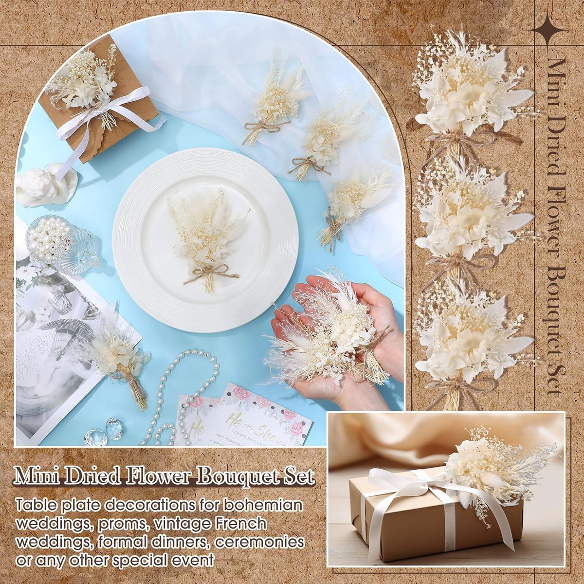 12 Pcs Mini Dried Flower Bouquet for Boho Floral Wedding 6'' Small Dry Pampas Grass Handmade Tiny Dried Flower for Crafts DIY Boutonniere Table Centerpieces Bridesmaid Gift Box(White,Classic)