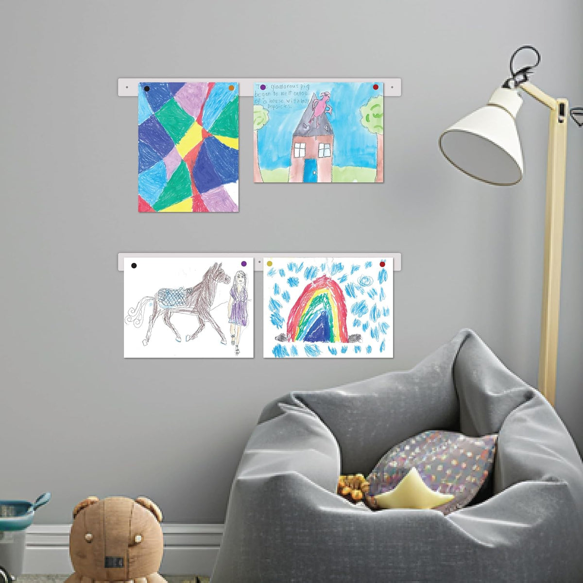 Magnetic Art Display for Kids Artwork - Kids Art Display - Artwork Display for Kids Art for Wall - Picture Hanging System - Display Children Artwork - Magnet Bar (White, 23in)