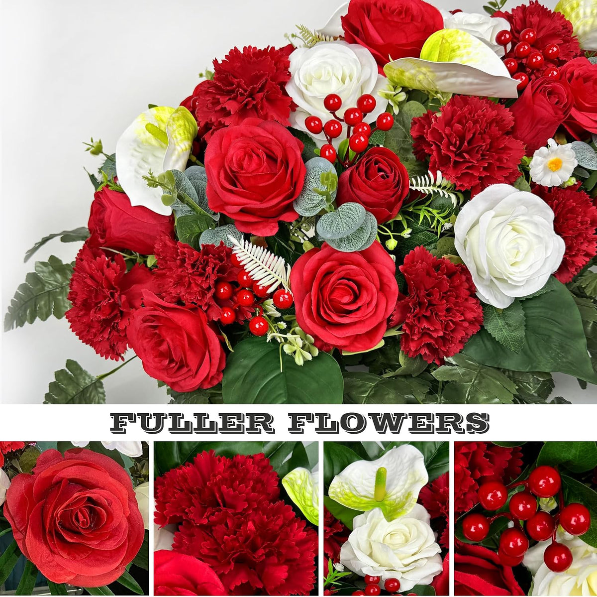 Artificial Cemetery Flowers - Headstone Flower Saddle - Outdoor Grave Decorations - Realistic Red Rose Carnation Mix Bouqet with 2 Lovely Butterflies