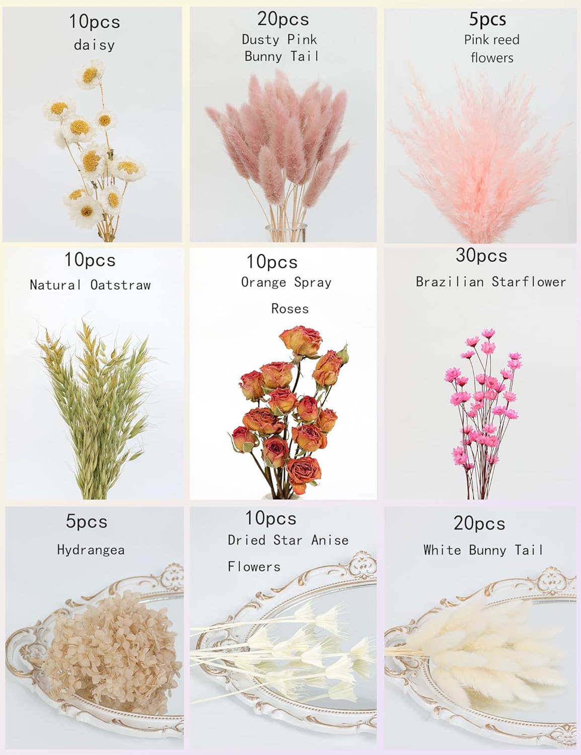 xin's convey DIY Natural Dried Flower Set for Vase, Bulk Boho Dried Flowers with Stems,Fall Decor, Mini Flower Arrangements.(Pink)