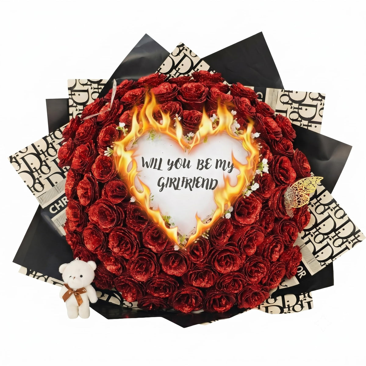 Burn Away Rose Bouquet – Self Assembly Glitter Flowers with Hidden Message/Photo, DIY Romantic Gift for Him Her, Everlasting PE Roses for Anniversary Birthday Engagement Wedding (Satin Red)