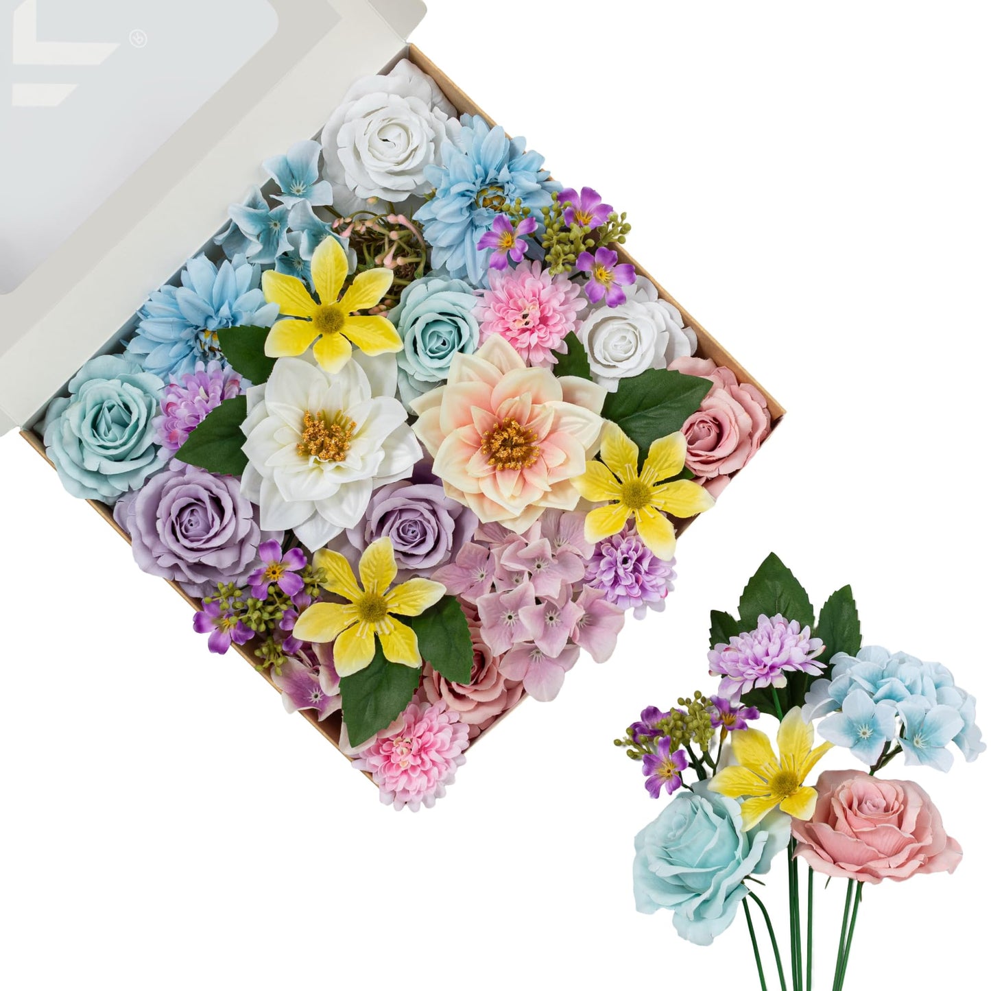 Artificial Flowers DIY Bouquet Combo Faux Rose for Home Decor | Blue White Yellow Fake Dahlia Daisy Hydrangea for Vase, Floral Arrangement, Centerpieces, Wedding Arches, Party Décor