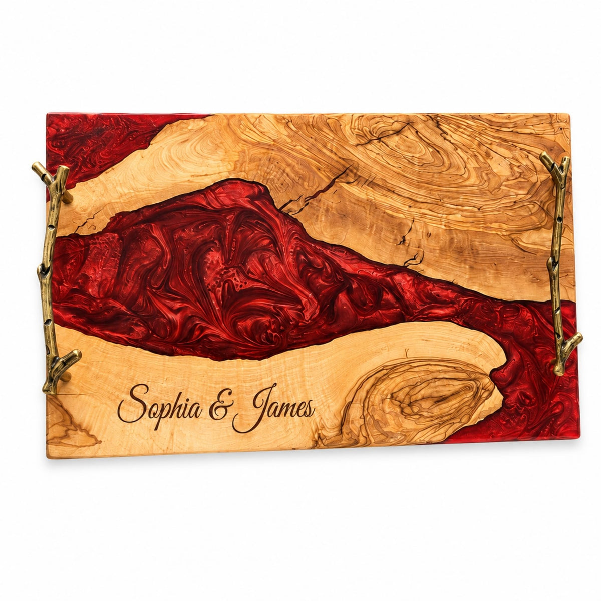 Personalized Olive Wood and Resin Charcuterie Serving Tray with Handle, Premium River Epoxy Cheese Boards for Wedding, Housewarming Blue