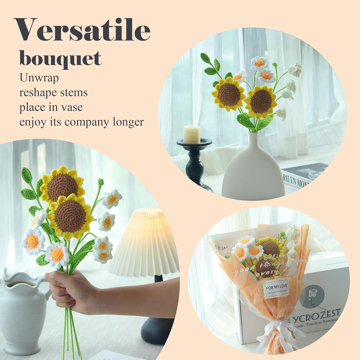 Handmade Crochet Sunflower Bouquet with White Daisy | 5 stems, 17.7x11.8 in; sunflowers, eucalyptus, white daisy; cotton yarn; handcrafted; gift wrapped