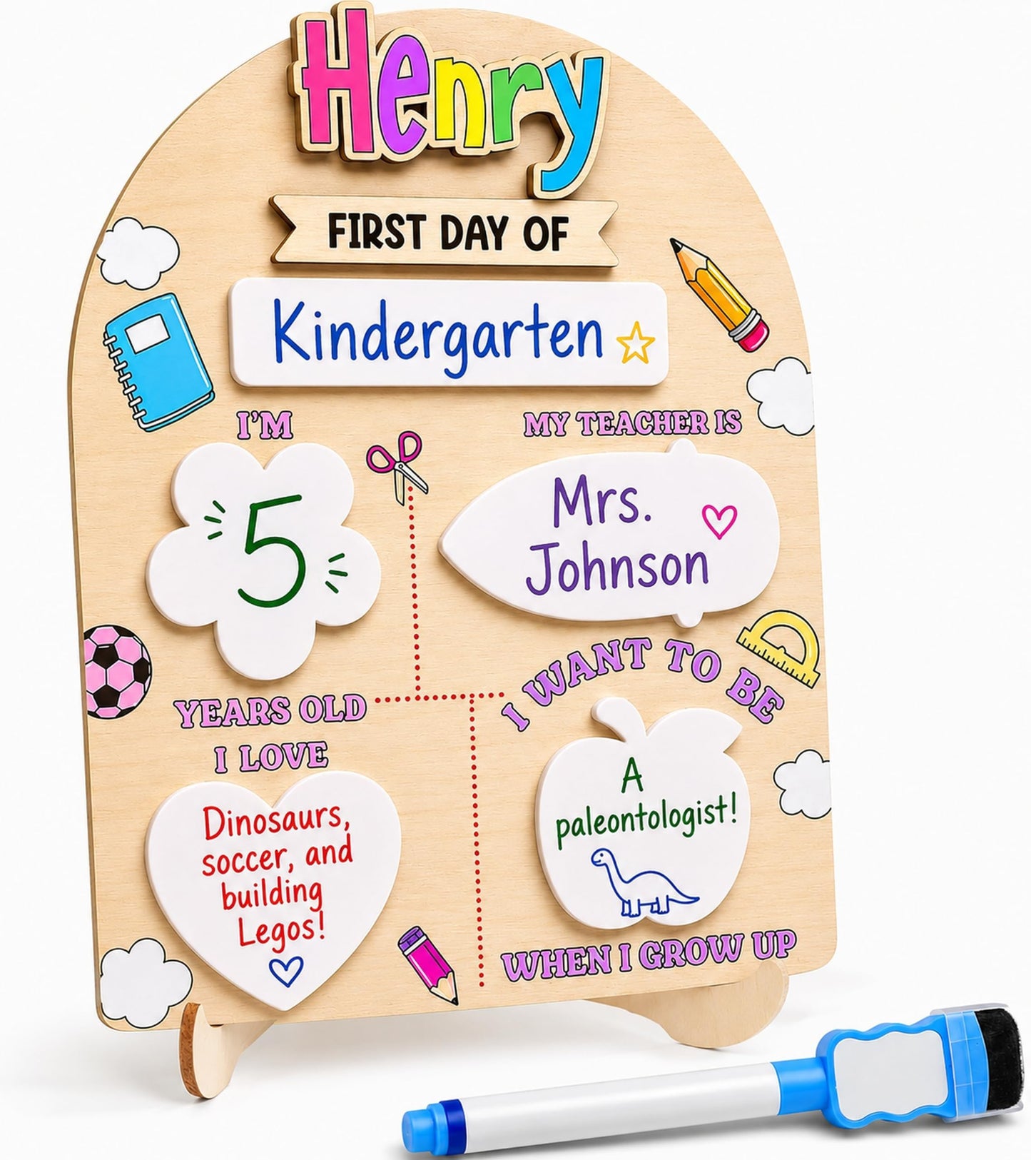Personalized First Day of School Board with Custom Name, Reusable First & Last Day School Milestone Sign, Dry Erase Photo Board for Preschool, Pre-K, Kindergarten, Includes Marker (D23)