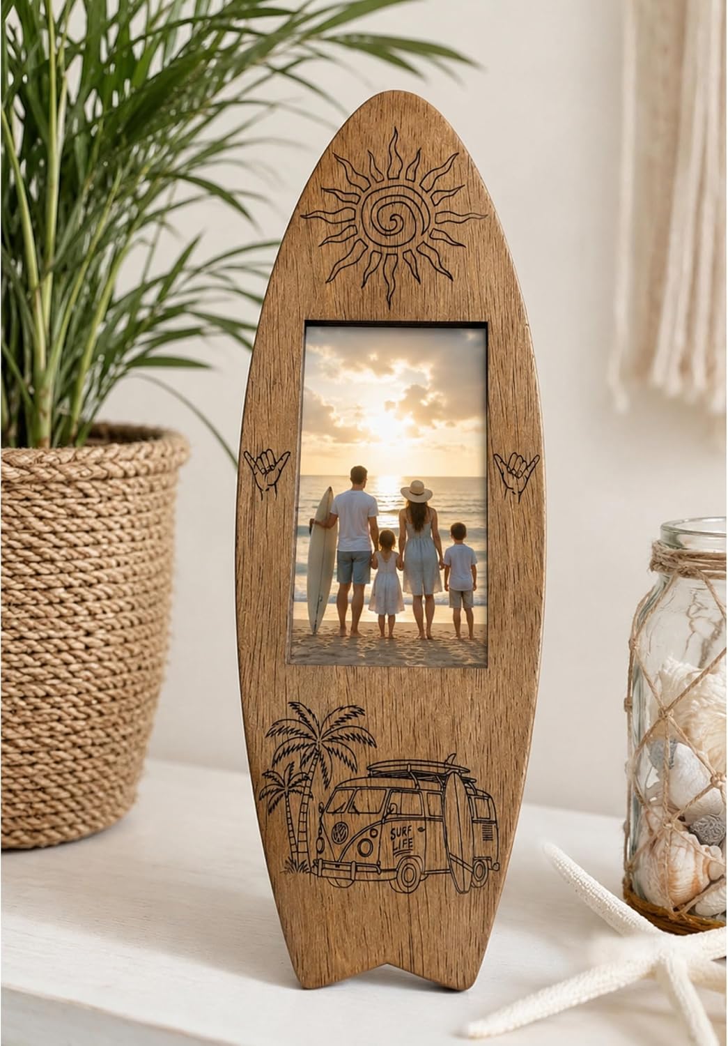 Rustic 4x6 Surfboard Wood Picture Frame, Beach House Decor (6"x16")