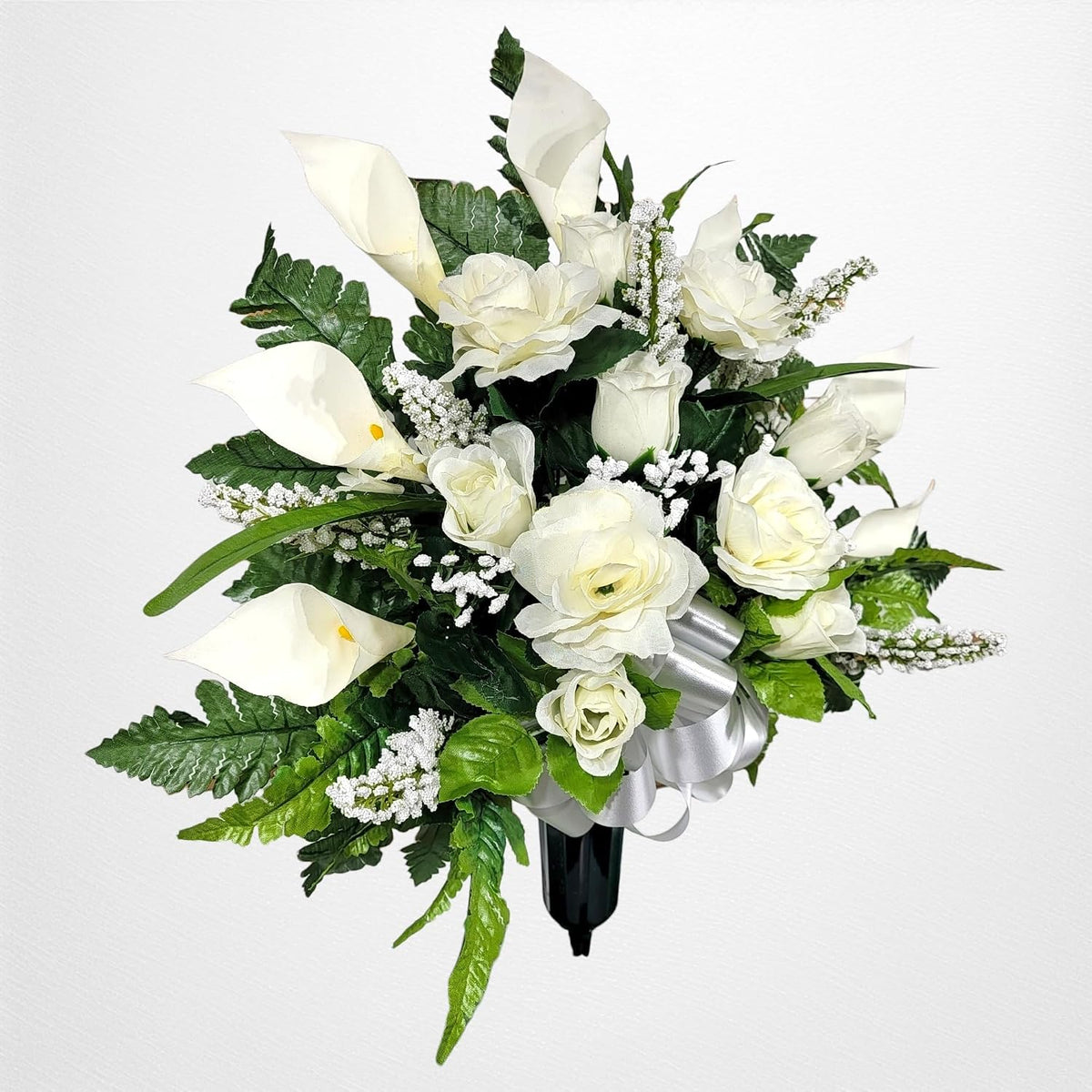 Realistic Artificial Cemetery Flowers - Silk Faux Floral Cream Rose and Calla Lily Bouquet for Grave - Headstone Decoration - Memorial Flowers
