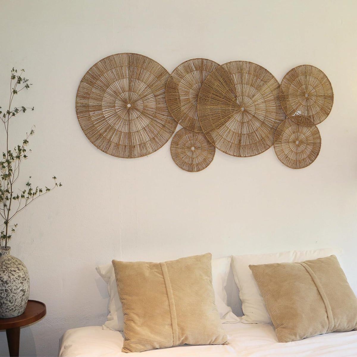 Wicker Wall Decor Set of 6, Metal Frame, 10 to 22 in, Farmhouse | Graduated Woven Plates in a Metal Frame That Layer Above the Bed or Down a Stairwell