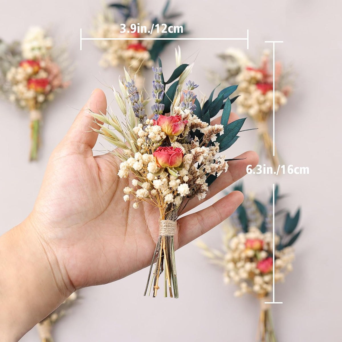Mini Dried Flower Bouquet Set of 6, Pampas Grass Boho Wedding Table Centerpieces, Boutonniere for Men, Dry Flowers, Personalized Bridesmaid Gift Box, Small Bottles Decoration (Rose)