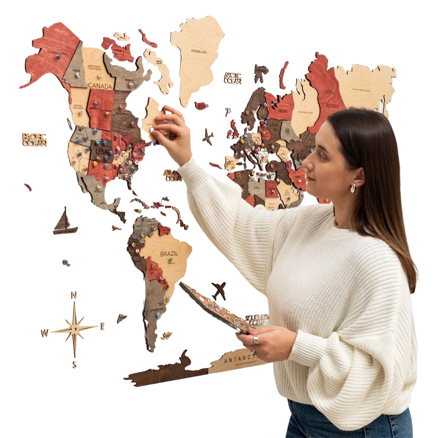 Enjoy The Wood 3D Wooden World Map Wall Art (Nature, L, Unframed) | Large Travel Map with Pins for Art Decor, Decorative Map of the World for Home, Office Travel Wall Art Housewarming Gift Idea
