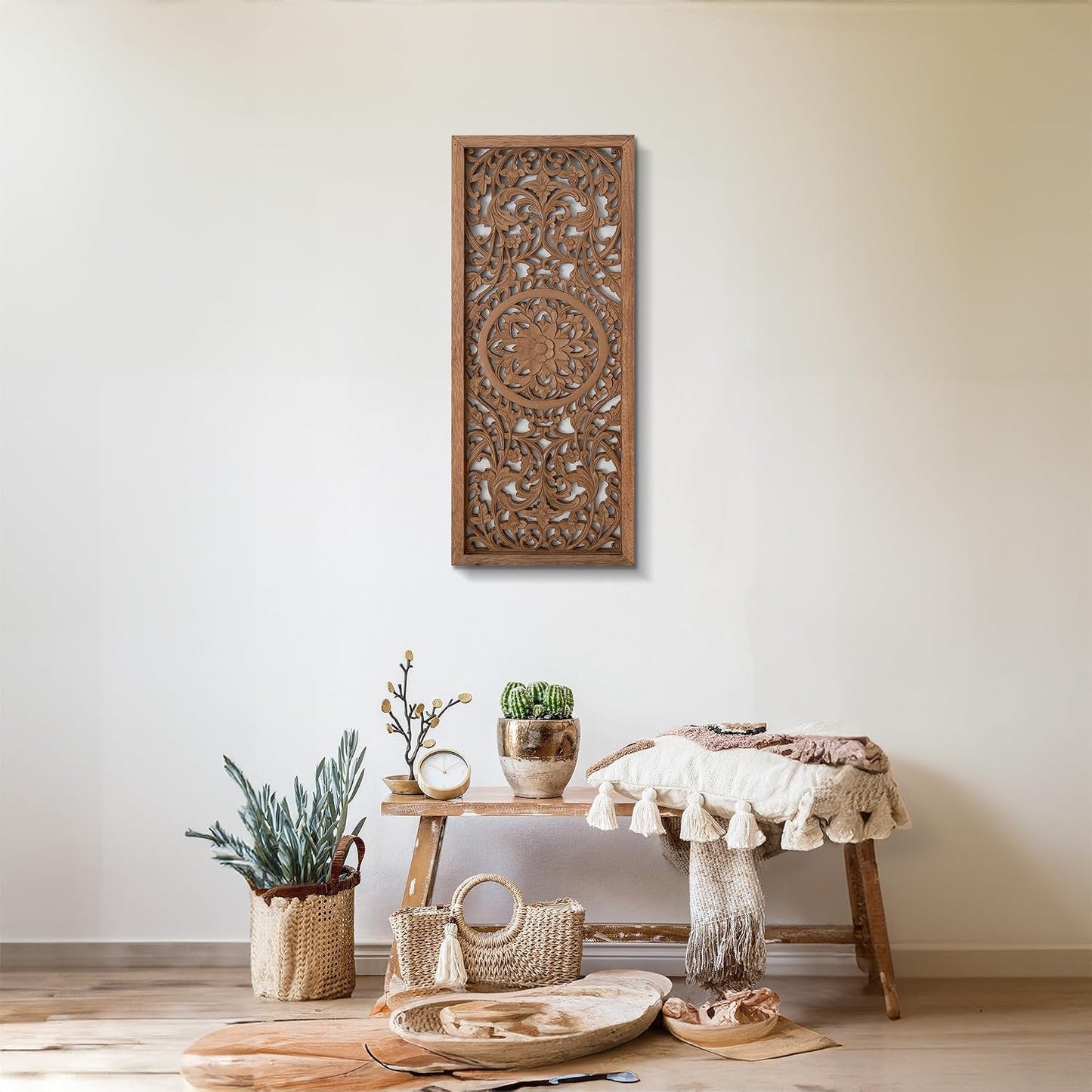 Amara Boho Carved Wood Wall Art, Handmade in Bali Mandala Panel Decor, Natural Brown Vertical Farmhouse Wall Hanging Accent, 39 x 16 in