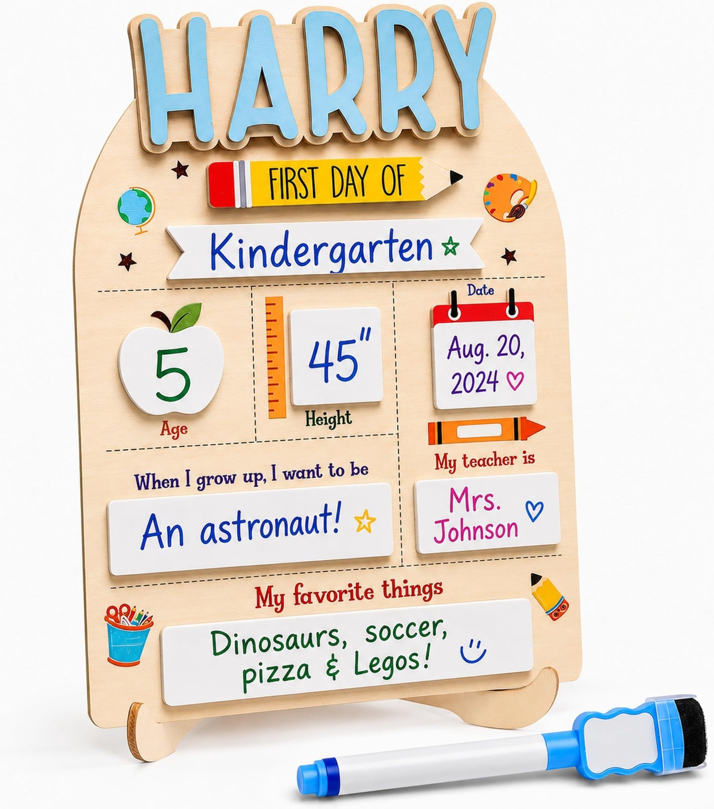 First & Last Day of School Board with Personalized Wood Name, Reusable Dry Erase School Sign for Preschool, Pre-K & Kindergarten, Back to School Keepsake Gift, Includes Marker (D19)