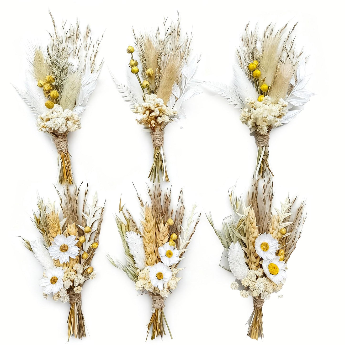 Mini Dried Flower Bouquet Set of 6, Pampas Grass Boho Wedding Table Centerpieces, Boutonniere for Men, Dry Flowers, Personalized Bridesmaid Gift Box, Small Bottles Decoration (Rose)
