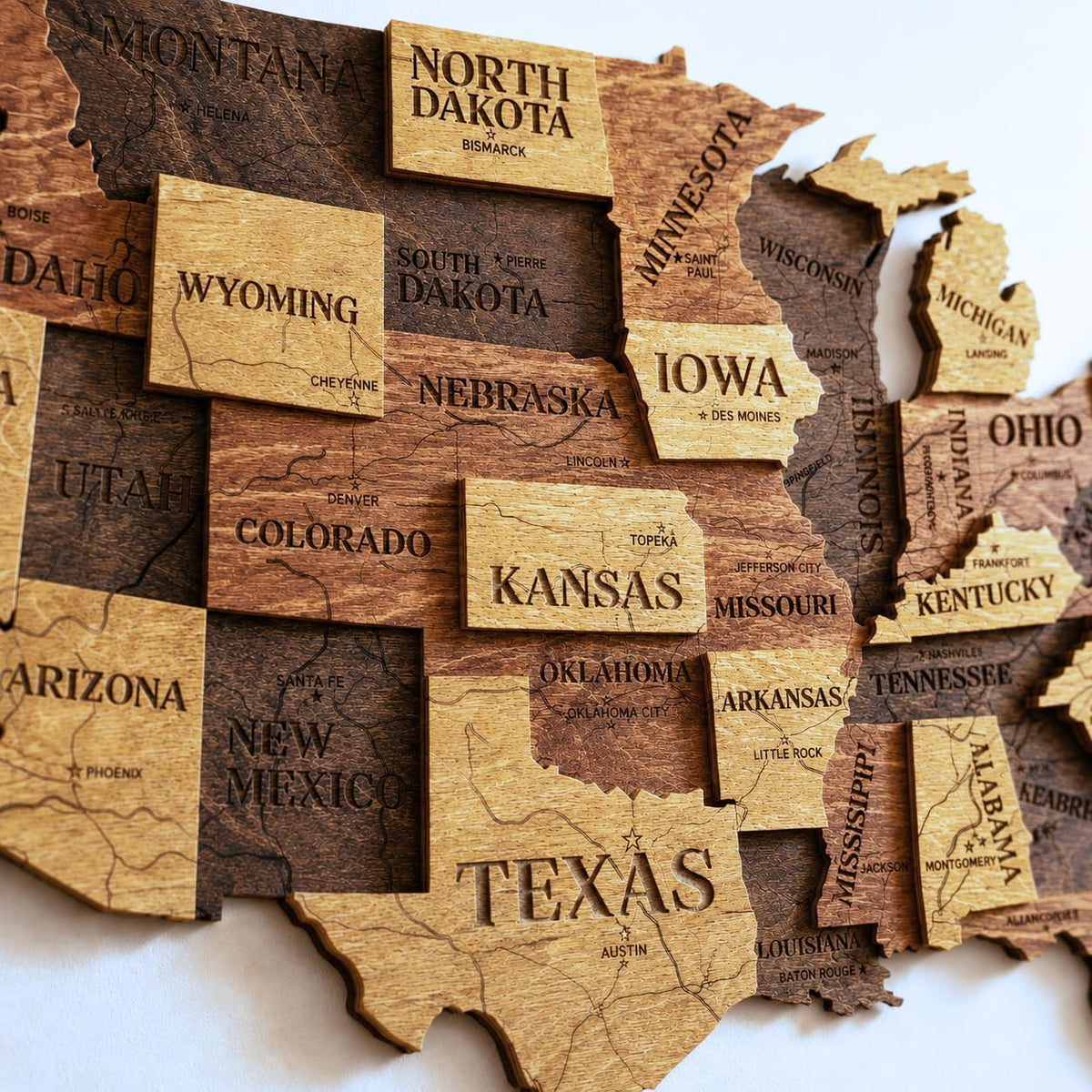 Wooden USA Map Visited Places - Wood United States Map with Push Pins - 3D US States Travel Tracker Wall Art Decor - Wooden America Atlas - New Home Gift (Nature)