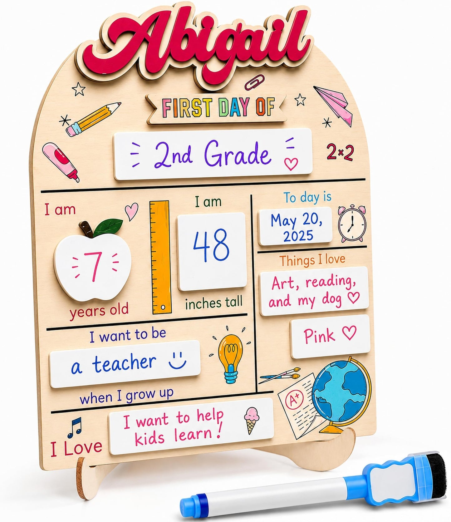 First & Last Day of School Board with Personalized Wood Name, Reusable Dry Erase School Sign for Preschool, Pre-K & Kindergarten, Back to School Keepsake Gift, Includes Marker (D19)