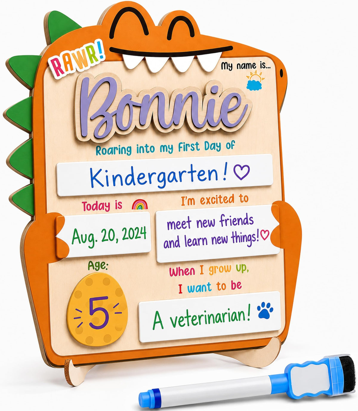 Personalized First Day of School Board with Custom Name, Reusable First & Last Day School Milestone Sign, Dry Erase Photo Board for Preschool, Pre-K, Kindergarten, Includes Marker (D23)