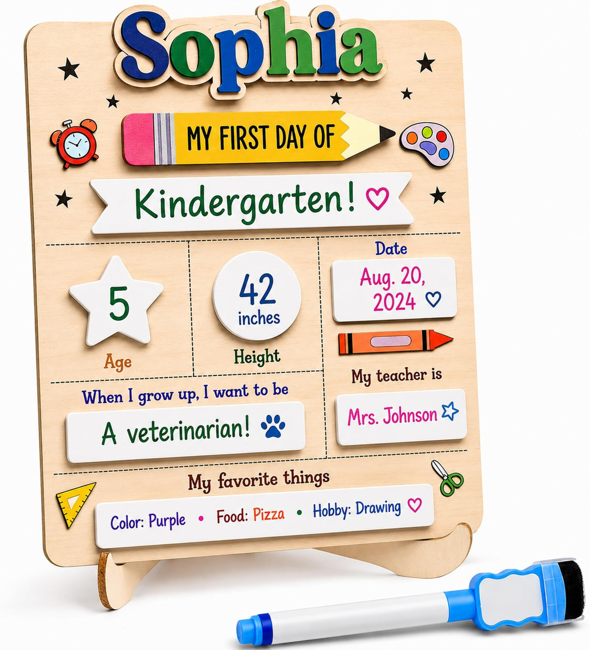 First & Last Day of School Board with Personalized Wood Name, Reusable Dry Erase School Sign for Preschool, Pre-K & Kindergarten, Back to School Keepsake Gift, Includes Marker (D19)