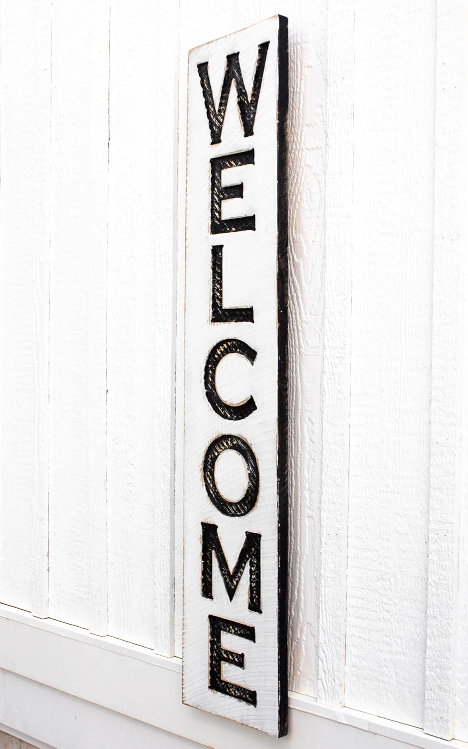 Large Vertical Welcome Sign - Carved Wood Board Rustic Distressed Porch Farmhouse Style Restaurant Cafe Wooden Wall Art Decoration (Available in 3 Sizes: 8" x 40", 10" x 48" and 12" x 60")