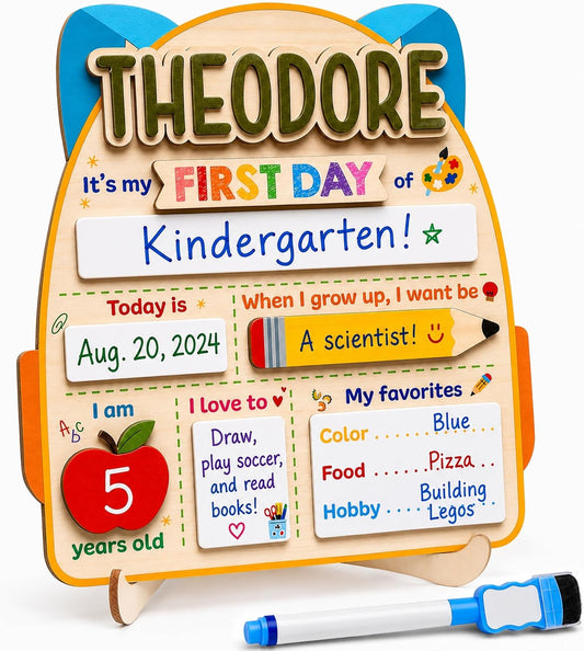 Personalized First Day of School Board with Custom Name, Reusable First & Last Day School Milestone Sign, Dry Erase Photo Board for Preschool, Pre-K, Kindergarten, Includes Marker (D23)