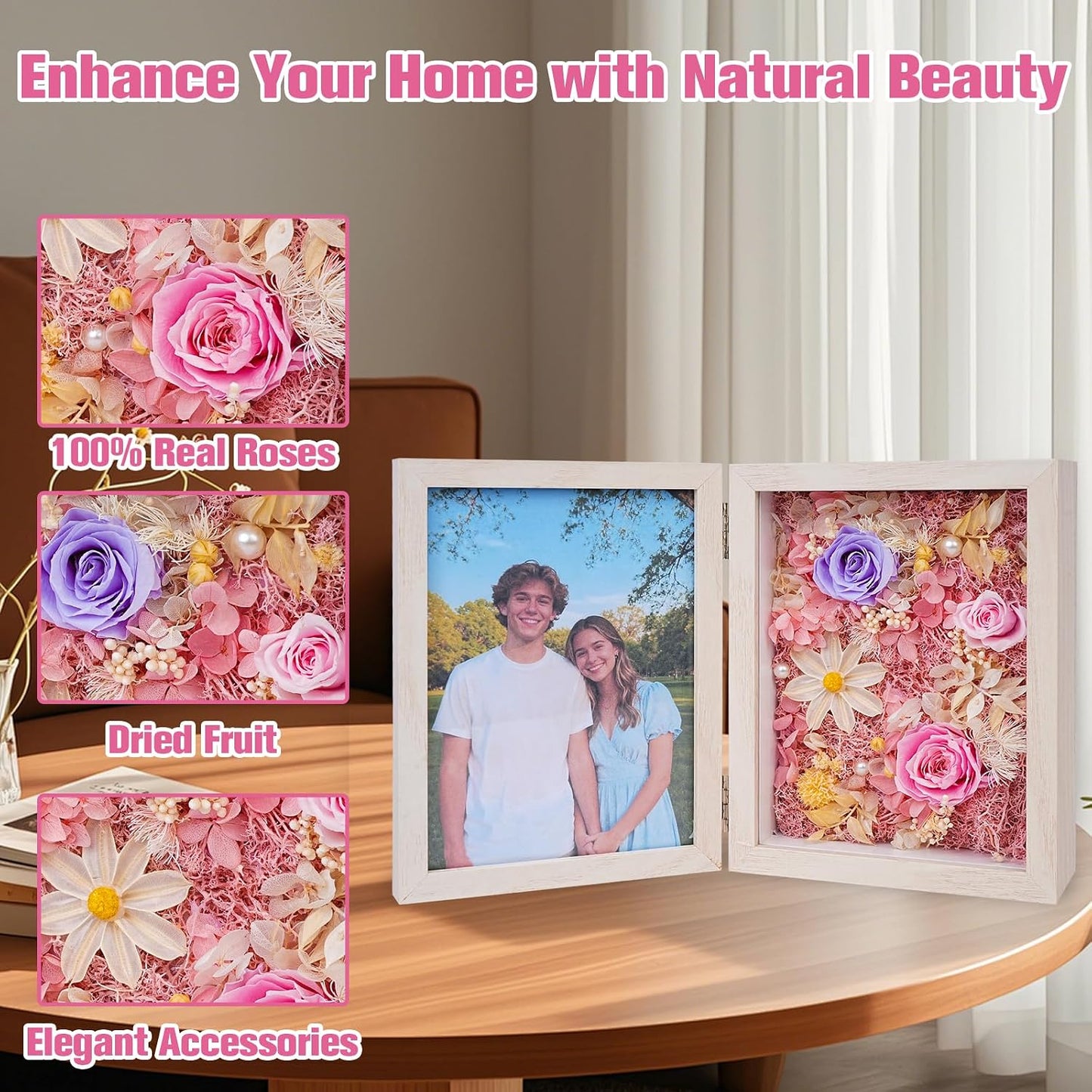 5x7'' Shadow Box Picture Frame Double Photos with Preserved Flowers, Real Floral Deep Wood Shadow Box Display Case Desktop Decor with Glass Front/Card/Gift Box, Gift Box for Family/Valentine’s Day