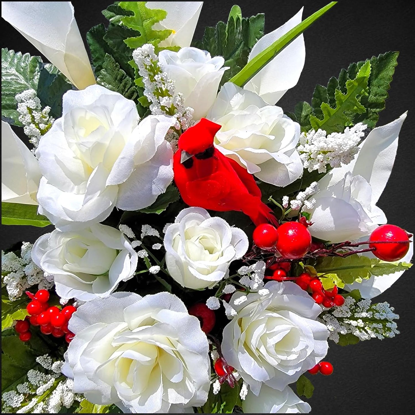 Realistic Artificial Cemetery Flowers - Silk Faux Floral Cream Rose and Calla Lily with Red Bird and Berries - Bouquet for Grave - Headstone Decoration - Memorial Flowers