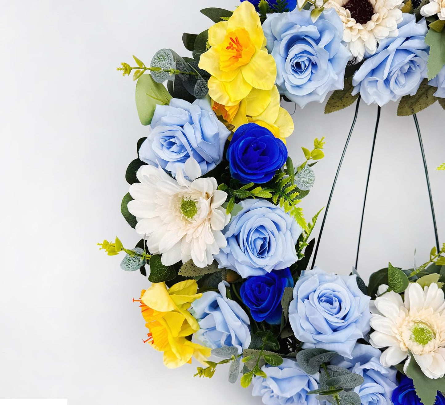 MUVIC Handmade Cemetery Wreath with Grave Holder, Artificial Flower Wreaths for Tombstone Decoration of Memorial Day/Mother's Day/Father's Day/Christmas,Blue,Yellow,White