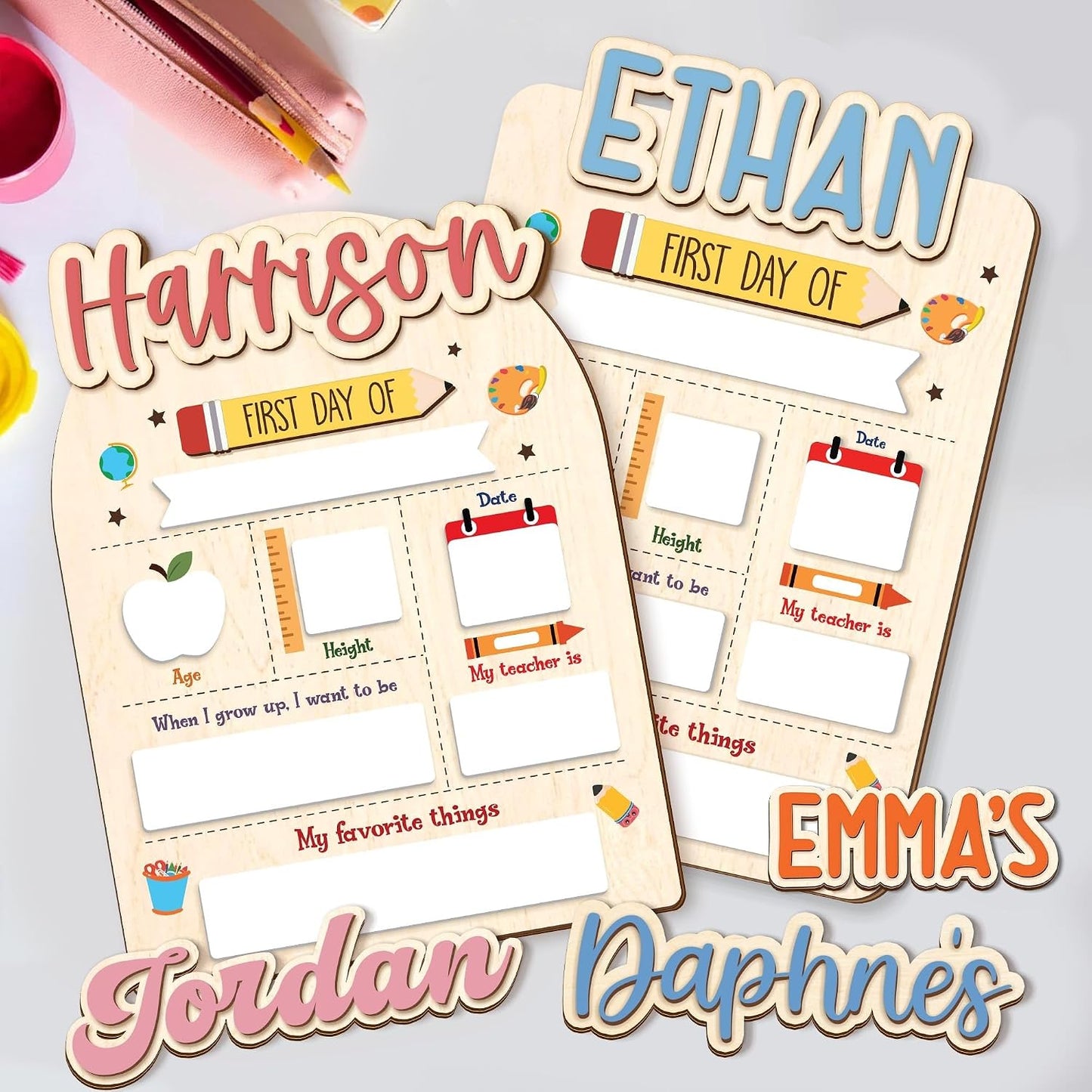 Personalized School Milestone Board, First & Last Day of School Sign with Custom Wooden Name, Reusable Dry Erase Board for Preschool, Kindergarten, Elementary Kids, 8x10/10x12 (D20)