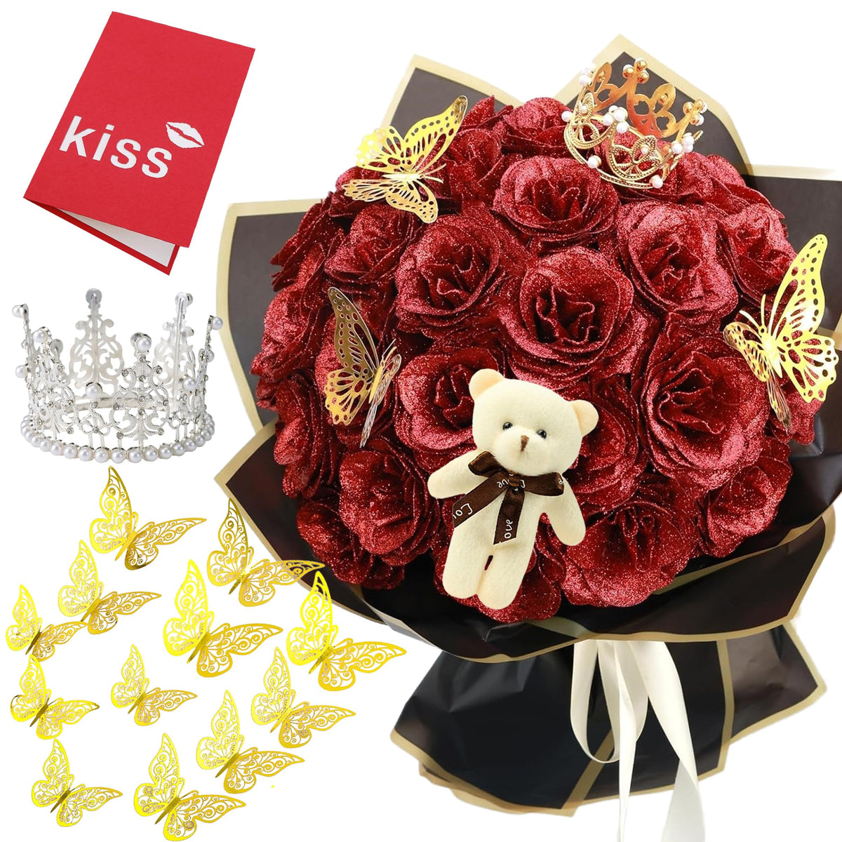 (Self-Assembly) Glitter Rose Bouquet with Initial, DIY Artificial Flowers | Custom Ribbon Text,DIY Glitter Rose Bouquet,Eternal Glitter Bouquet for Valentine's Day, Anniversary, Proposal, Birthday Gift