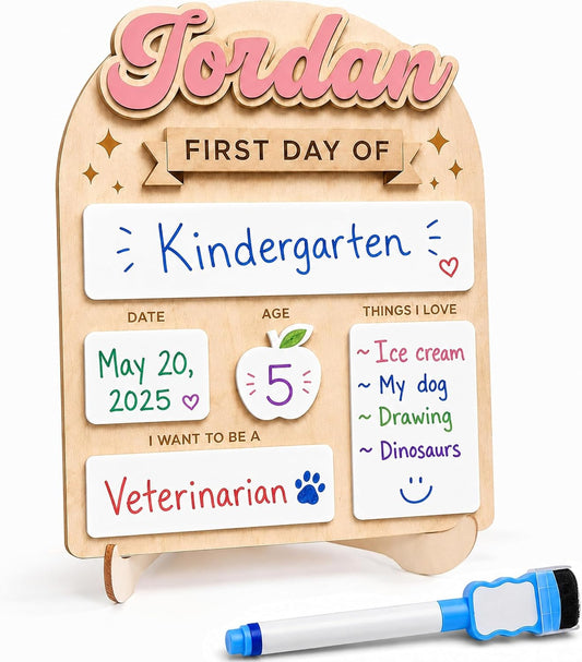 First & Last Day of School Board with Personalized Wood Name, Reusable Dry Erase School Sign for Preschool, Pre-K & Kindergarten, Back to School Keepsake Gift, Includes Marker (D19)