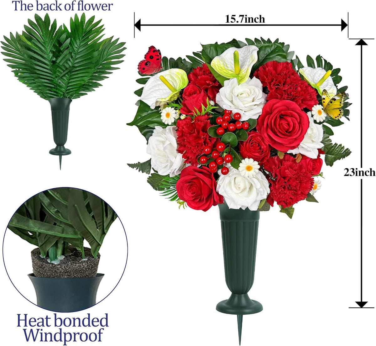 Artificial Cemetery Flower with Vases for Grave Decoration, 3PC,Red Rose Carnation，Headstone Flower Saddle (Vases Included)