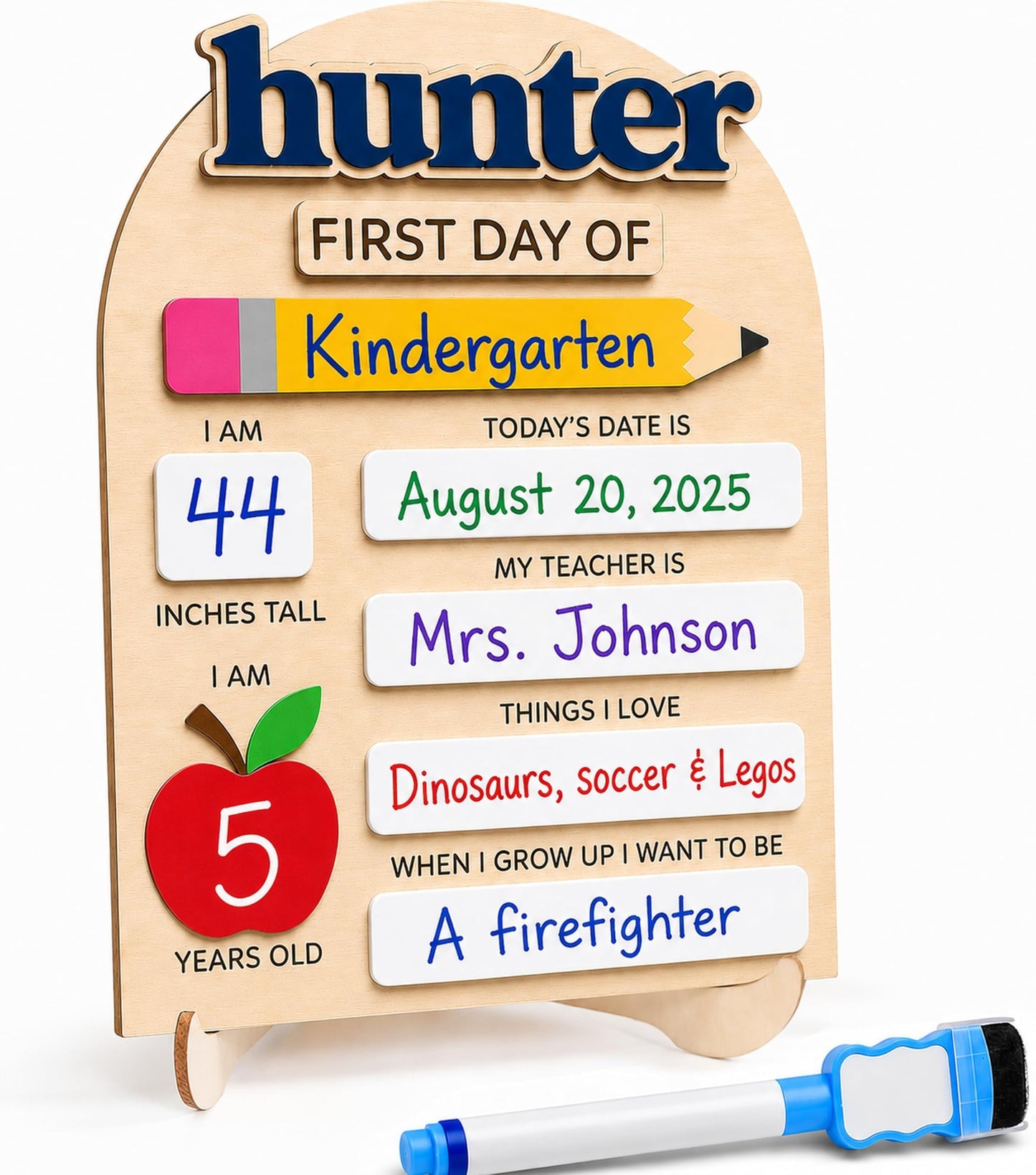First & Last Day of School Board with Personalized Wood Name, Reusable Dry Erase School Sign for Preschool, Pre-K & Kindergarten, Back to School Keepsake Gift, Includes Marker (D19)