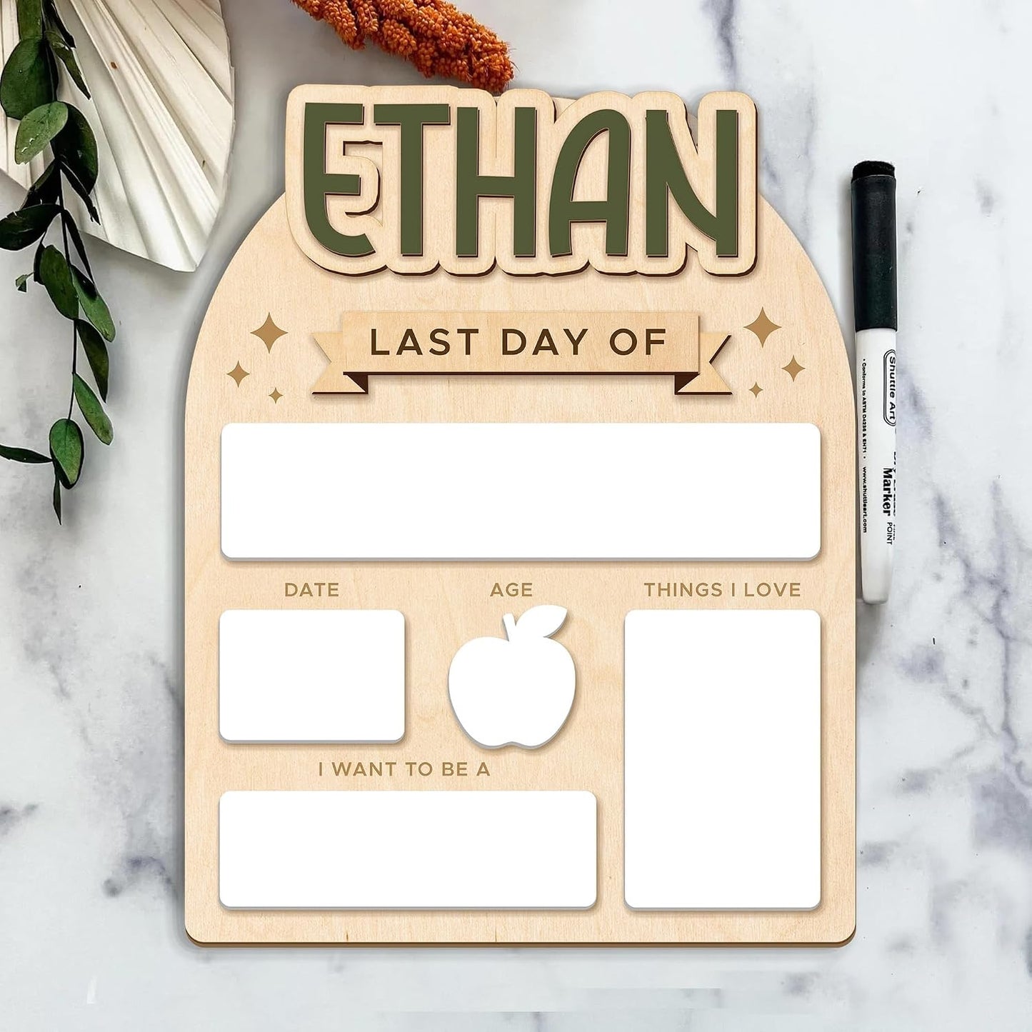 First & Last Day of School Board with Personalized Wood Name, Reusable Dry Erase School Sign for Preschool, Pre-K & Kindergarten, Back to School Keepsake Gift, Includes Marker (D19)