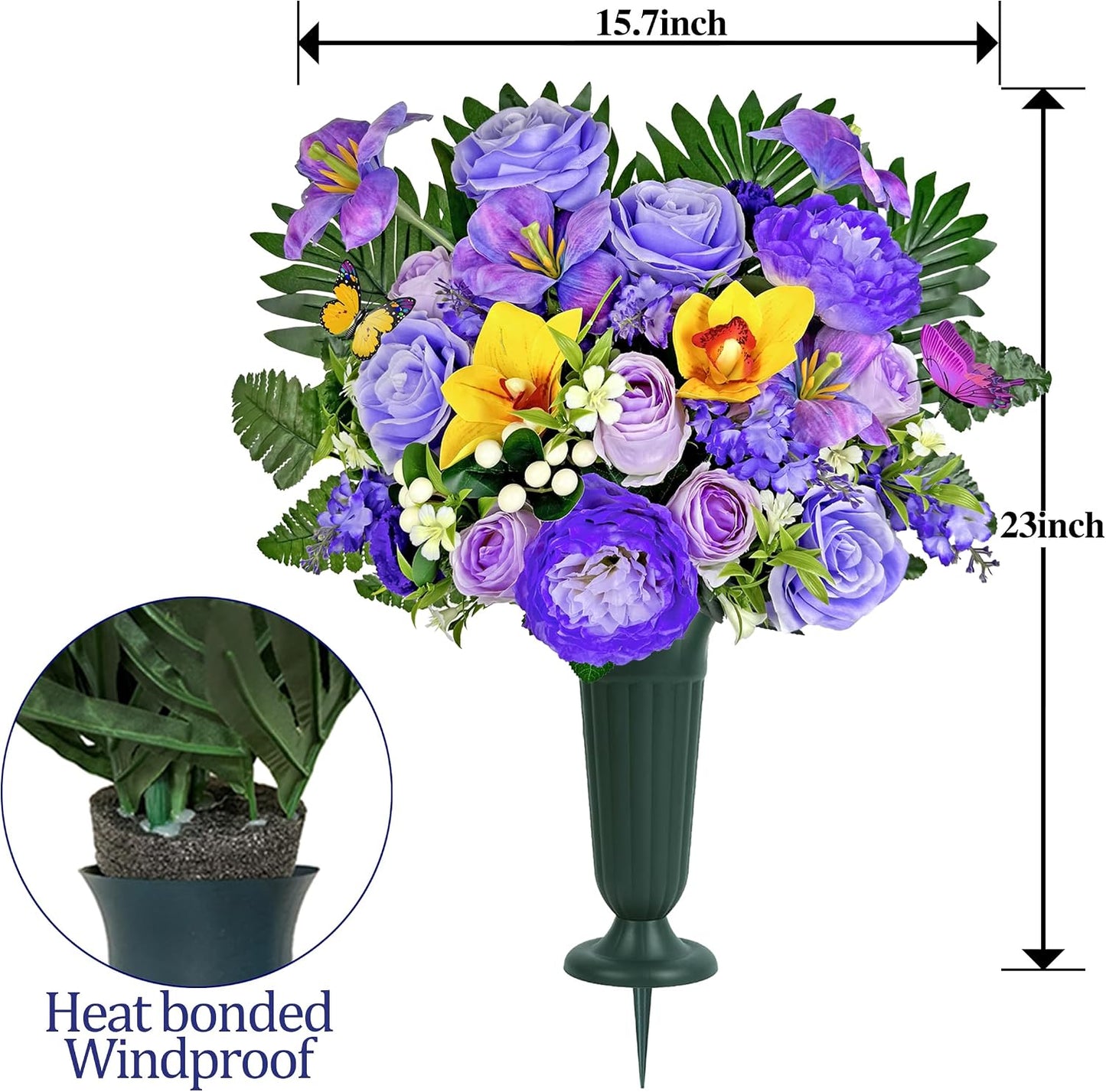 Artificial Cemetery Flowers for Grave,Memorial Flowers Bouquet with Vase for Headstones Decoration,Purple Rose Hibiscus Cymbidium Berry