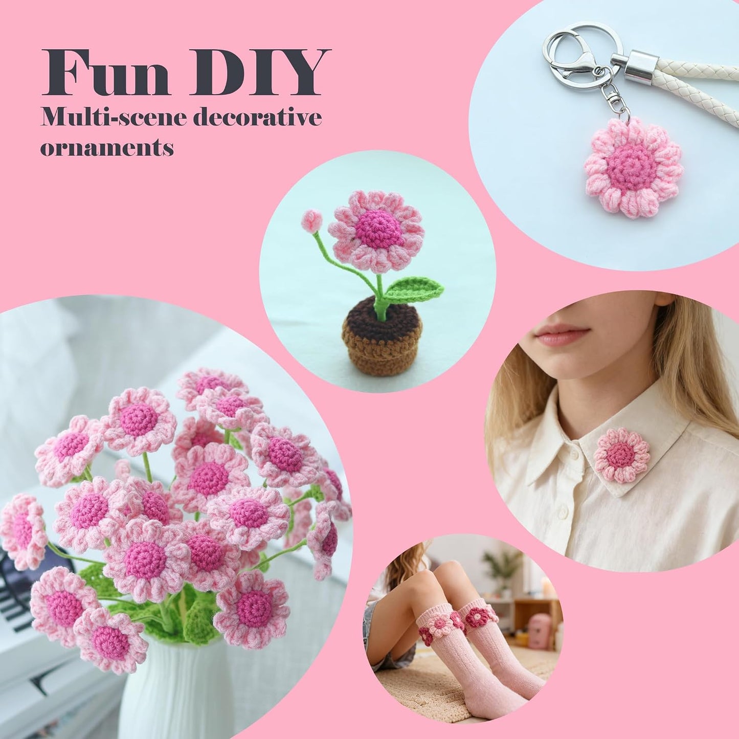 10 PCS Carmine Daisy Heads 2.16", Handmade Flatback for DIY Decor | Soft yarn material with handmade crochet look; flat back no stem; ideal for wreaths, sewing, cards, wedding & party decor