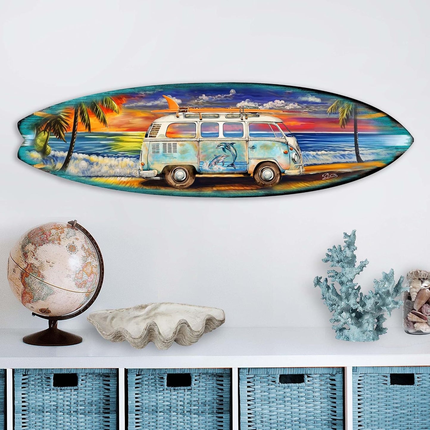 48-inch Surf Van at the Beach Wall Art, Handcrafted Coastal Holiday Décor by G. Debrekht